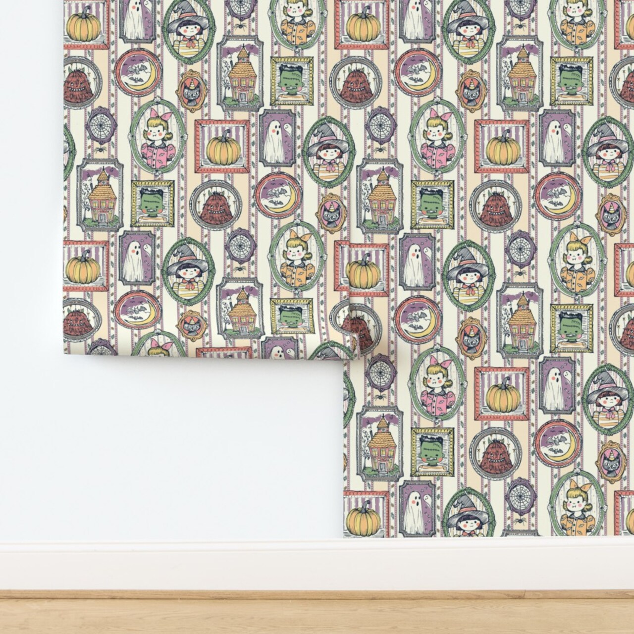 Whimsical Halloween Retro Ghost Monster Witch Pumpkin Haunted House Fall Autumn Portrait Halloween Party Costume Trick Or Treat Retro Halloween Custom Pre-pasted Wallpaper by Spoonflower Pre-Pasted Wallpaper 2FT Wide